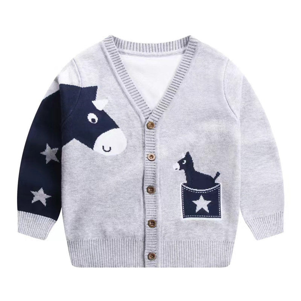 MyKids-USA® Baby Boy Cartoon Animal Embroidered Pattern Button Front V-Neck Cardigan