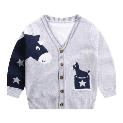 MyKids-USA® Baby Boy Cartoon Animal Embroidered Pattern Button Front V-Neck Cardigan
