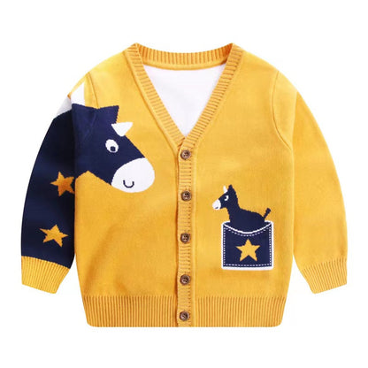 MyKids-USA® Baby Boy Cartoon Animal Embroidered Pattern Button Front V-Neck Cardigan