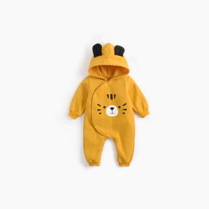 MyKids-USA® Baby Boy Cartoon Pattern Side Button Front Design Longsleeve Thick Rompers With Hat