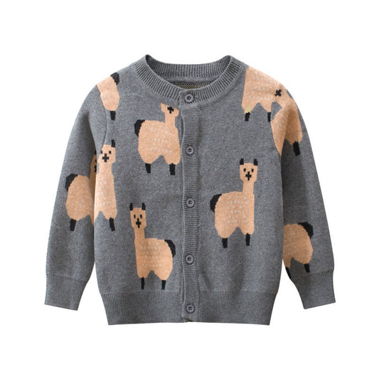 Baby Boy Cartoon Llama Embroidered Pattern Button Front Knitted Cardigan
