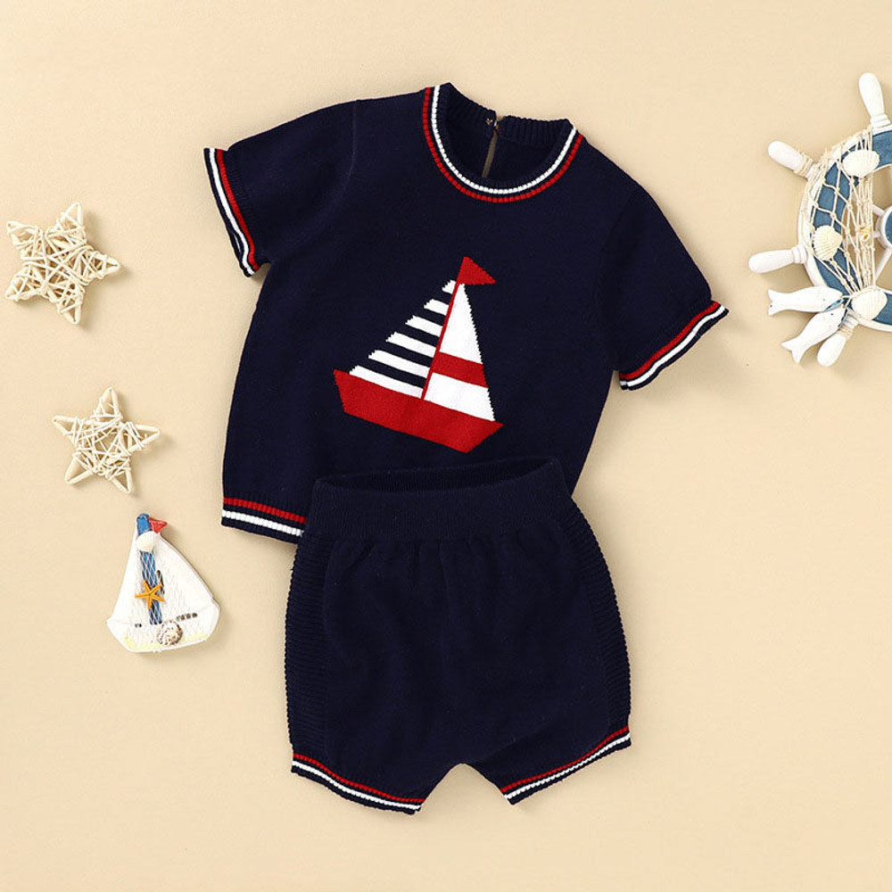 MyKids-USA® Baby Boy Embroidered Graphic Striped Neck & Sleeve Design Tee Combo Shorts Sailor Style Sets