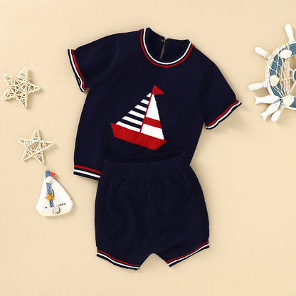MyKids-USA® Baby Boy Embroidered Graphic Striped Neck & Sleeve Design Tee Combo Shorts Sailor Style Sets