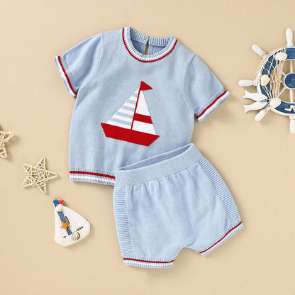 MyKids-USA® Baby Boy Embroidered Graphic Striped Neck & Sleeve Design Tee Combo Shorts Sailor Style Sets