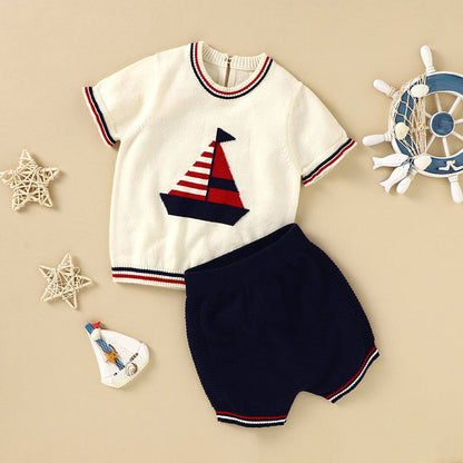 MyKids-USA® Baby Boy Embroidered Graphic Striped Neck & Sleeve Design Tee Combo Shorts Sailor Style Sets