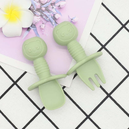 MyKids-USA® Baby Bear Pattern Complementary Food Training Lovely Silicone Spoon Fork Sets