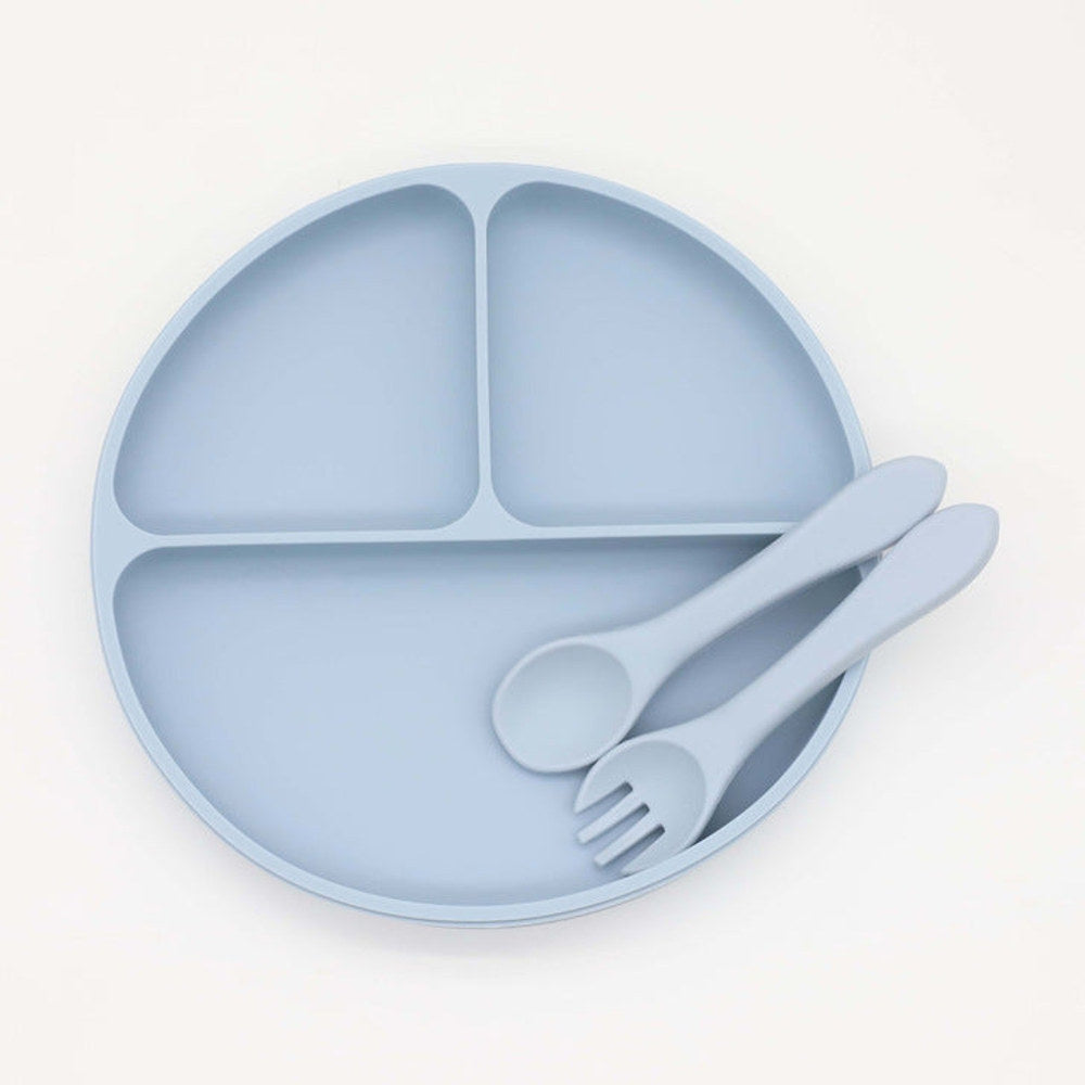 MyKids-USA® Baby Silicone Round Suction Compartment Dinner Plate With Spoon Fork Sets