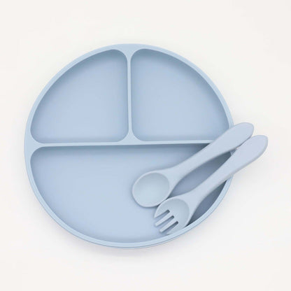 MyKids-USA® Baby Silicone Round Suction Compartment Dinner Plate With Spoon Fork Sets