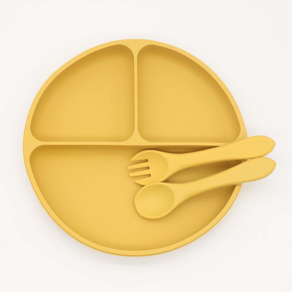 MyKids-USA® Baby Silicone Round Suction Compartment Dinner Plate With Spoon Fork Sets