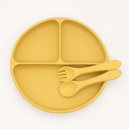 MyKids-USA® Baby Silicone Round Suction Compartment Dinner Plate With Spoon Fork Sets