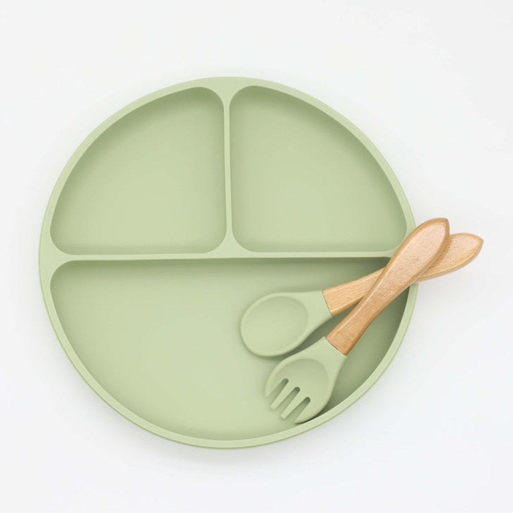 MyKids-USA® Baby Silicone Round Suction Compartment Dinner Plate With Spoon Fork Sets