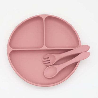 MyKids-USA® Baby Silicone Round Suction Compartment Dinner Plate With Spoon Fork Sets