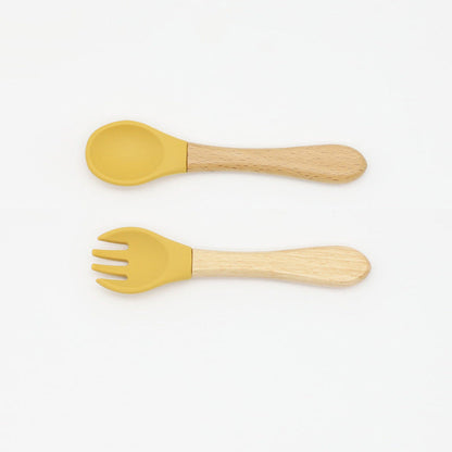 MyKids-USA® Baby Food Grade Wooden Handles Silicone Spoon Fork Cutlery