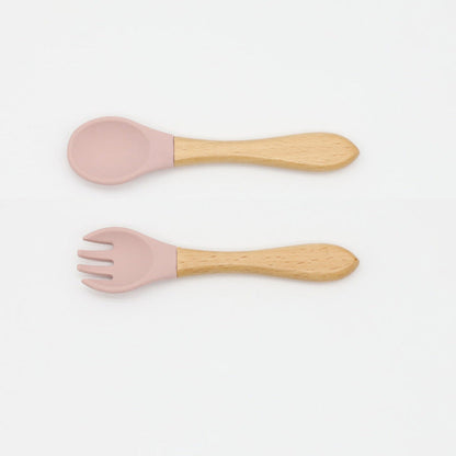 MyKids-USA® Baby Food Grade Wooden Handles Silicone Spoon Fork Cutlery