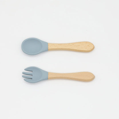 MyKids-USA® Baby Food Grade Wooden Handles Silicone Spoon Fork Cutlery