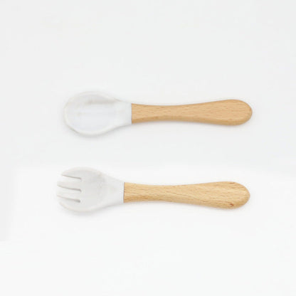 MyKids-USA® Baby Food Grade Wooden Handles Silicone Spoon Fork Cutlery