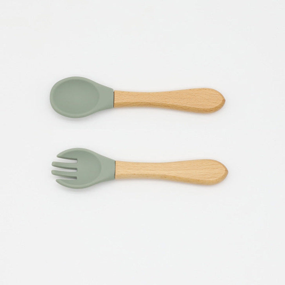 MyKids-USA® Baby Food Grade Wooden Handles Silicone Spoon Fork Cutlery