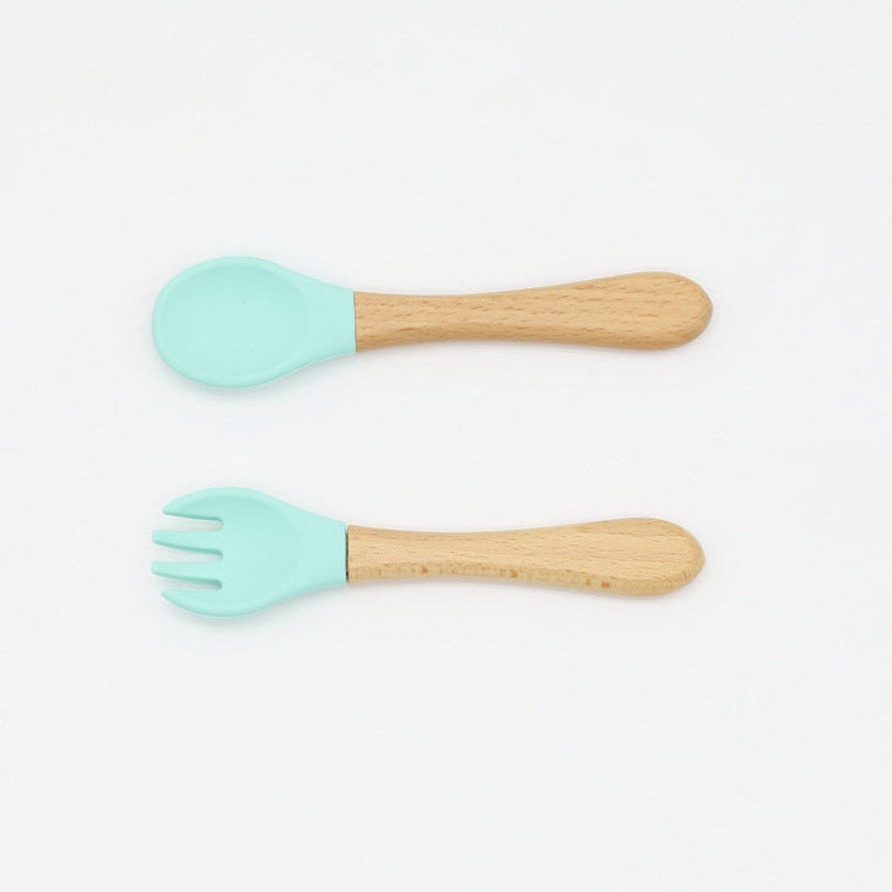 MyKids-USA® Baby Food Grade Wooden Handles Silicone Spoon Fork Cutlery