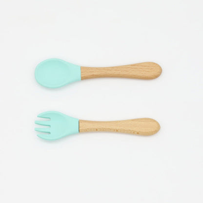 MyKids-USA® Baby Food Grade Wooden Handles Silicone Spoon Fork Cutlery