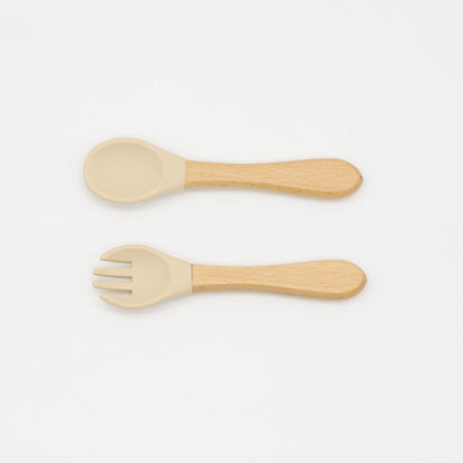 MyKids-USA® Baby Food Grade Wooden Handles Silicone Spoon Fork Cutlery