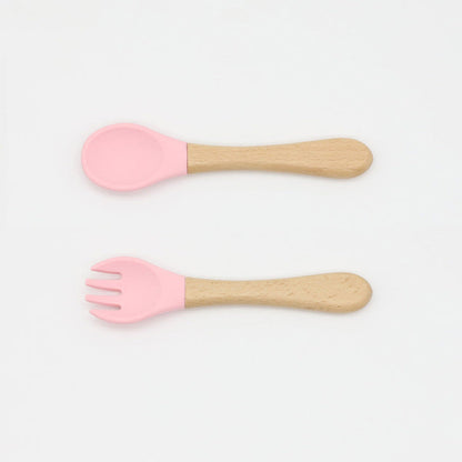MyKids-USA® Baby Food Grade Wooden Handles Silicone Spoon Fork Cutlery