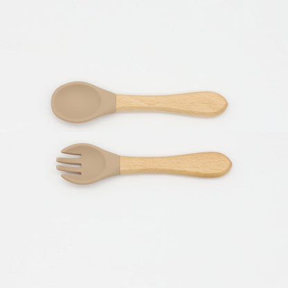 MyKids-USA® Baby Food Grade Wooden Handles Silicone Spoon Fork Cutlery