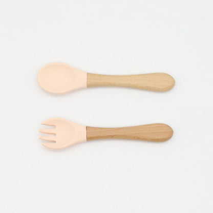 MyKids-USA® Baby Food Grade Wooden Handles Silicone Spoon Fork Cutlery