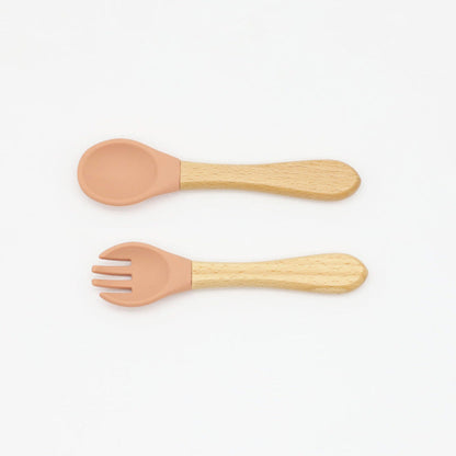 MyKids-USA® Baby Food Grade Wooden Handles Silicone Spoon Fork Cutlery