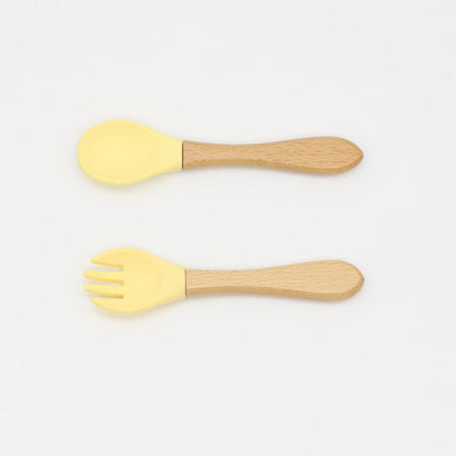 MyKids-USA® Baby Food Grade Wooden Handles Silicone Spoon Fork Cutlery