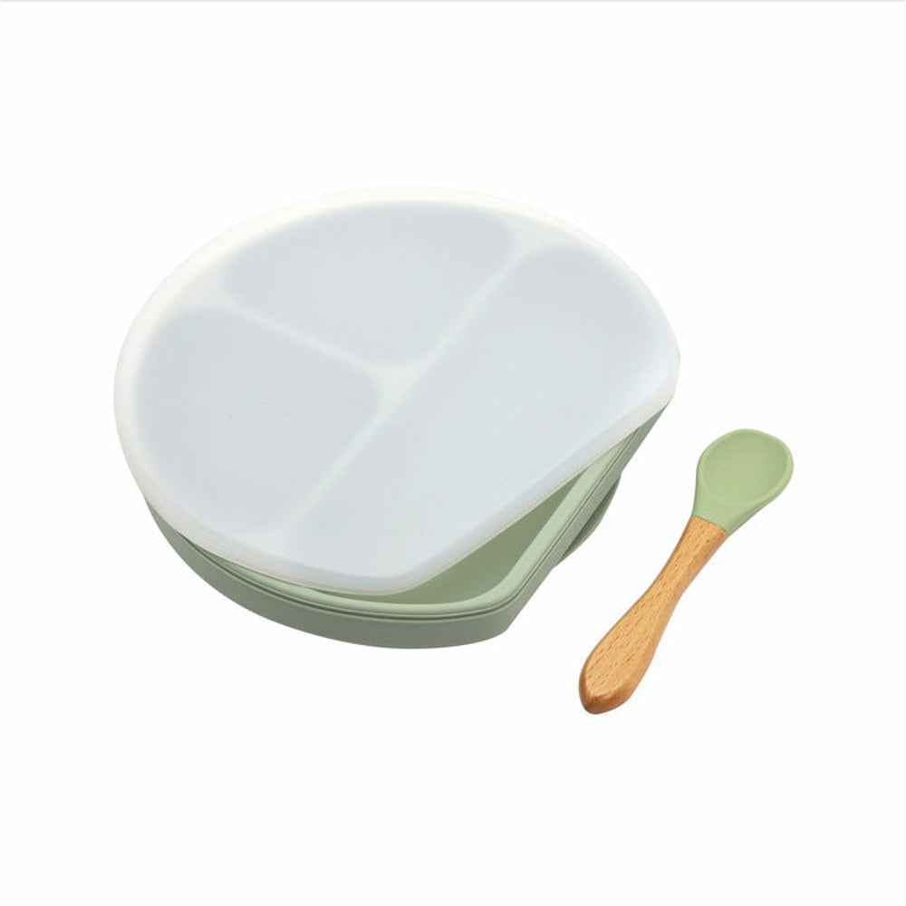 MyKids-USA® Baby Silicone Compartment Plate With Wooden Spoon