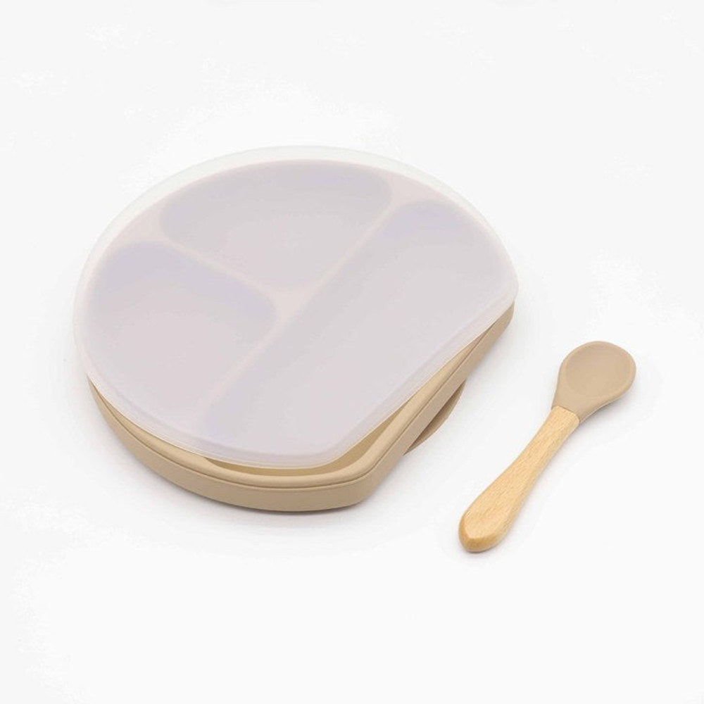 MyKids-USA® Baby Silicone Compartment Plate With Wooden Spoon