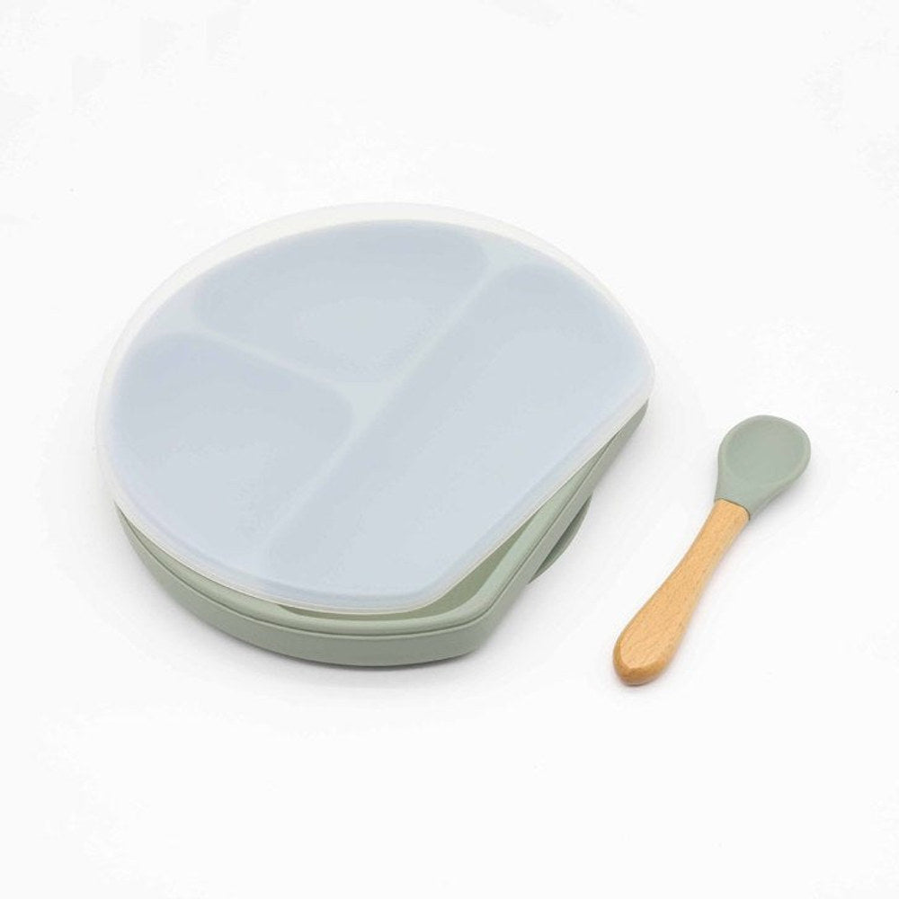 MyKids-USA® Baby Silicone Compartment Plate With Wooden Spoon