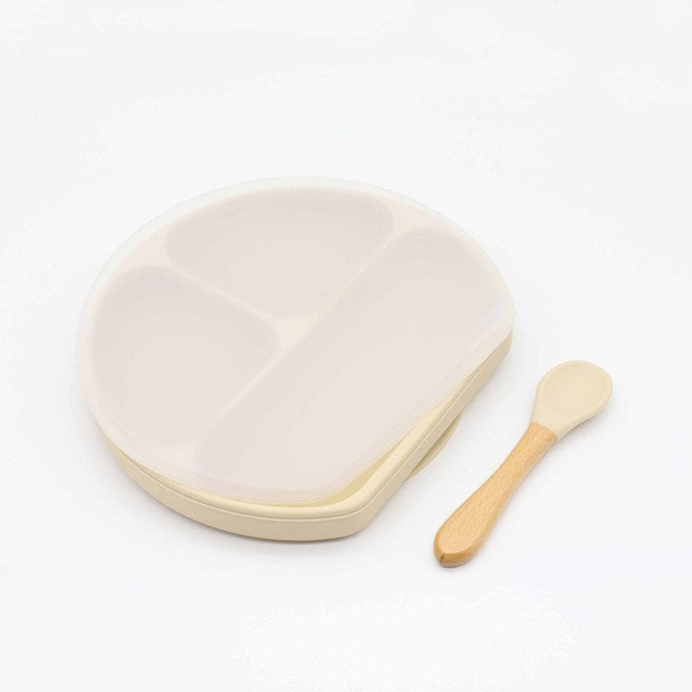 MyKids-USA® Baby Silicone Compartment Plate With Wooden Spoon