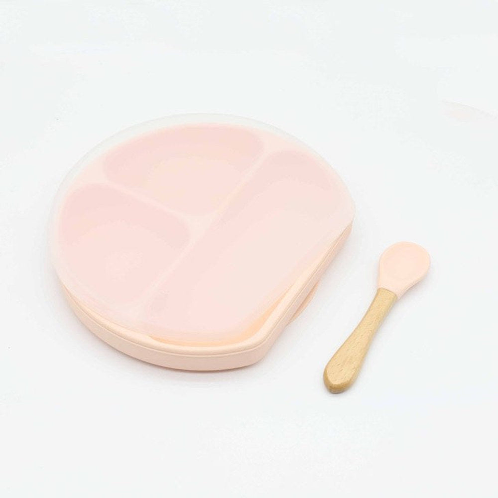 MyKids-USA® Baby Silicone Compartment Plate With Wooden Spoon
