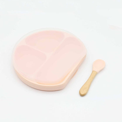 MyKids-USA® Baby Silicone Compartment Plate With Wooden Spoon