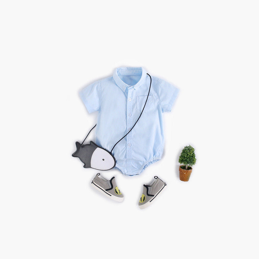 MyKids-USA® Baby Boy Solid Color Buttoned Shirt With Pockets Short Sleeve bodysuit Online In Summer