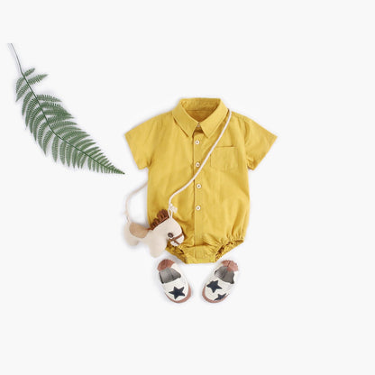 MyKids-USA® Baby Boy Solid Color Buttoned Shirt With Pockets Short Sleeve bodysuit Online In Summer