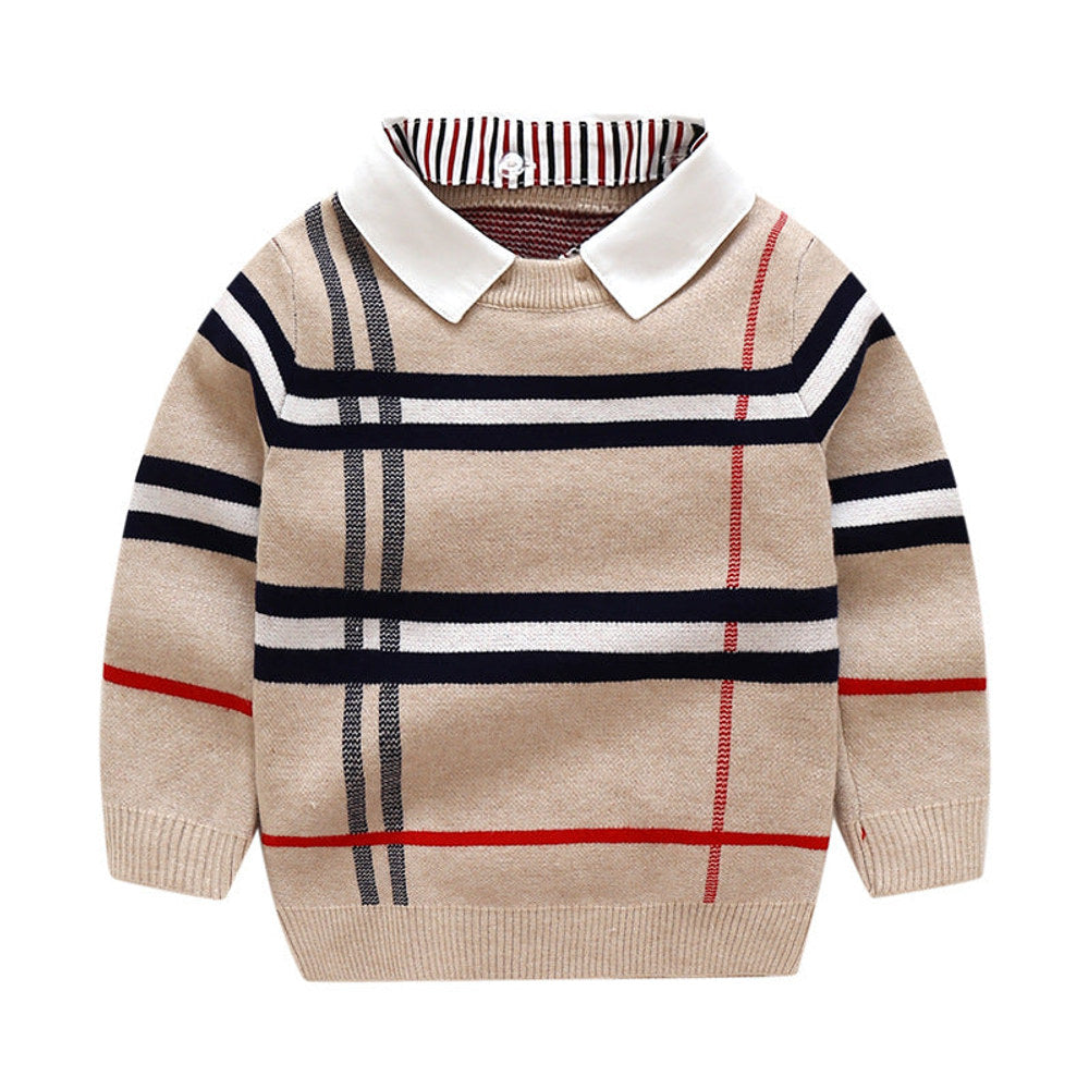 MyKids-USA® Baby Boy Striped Pattern False 1 Pieces Sweater With Detachable Shirt Neck