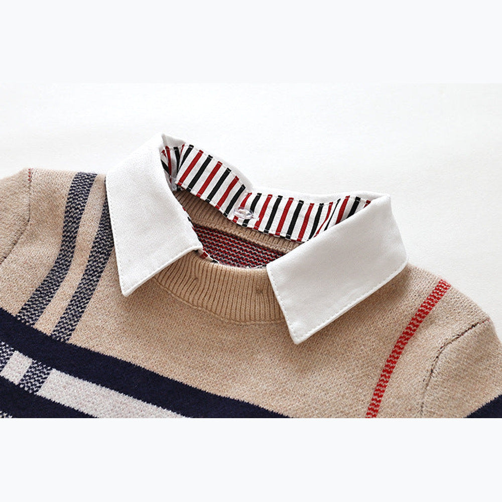 MyKids-USA® Baby Boy Striped Pattern False 1 Pieces Sweater With Detachable Shirt Neck