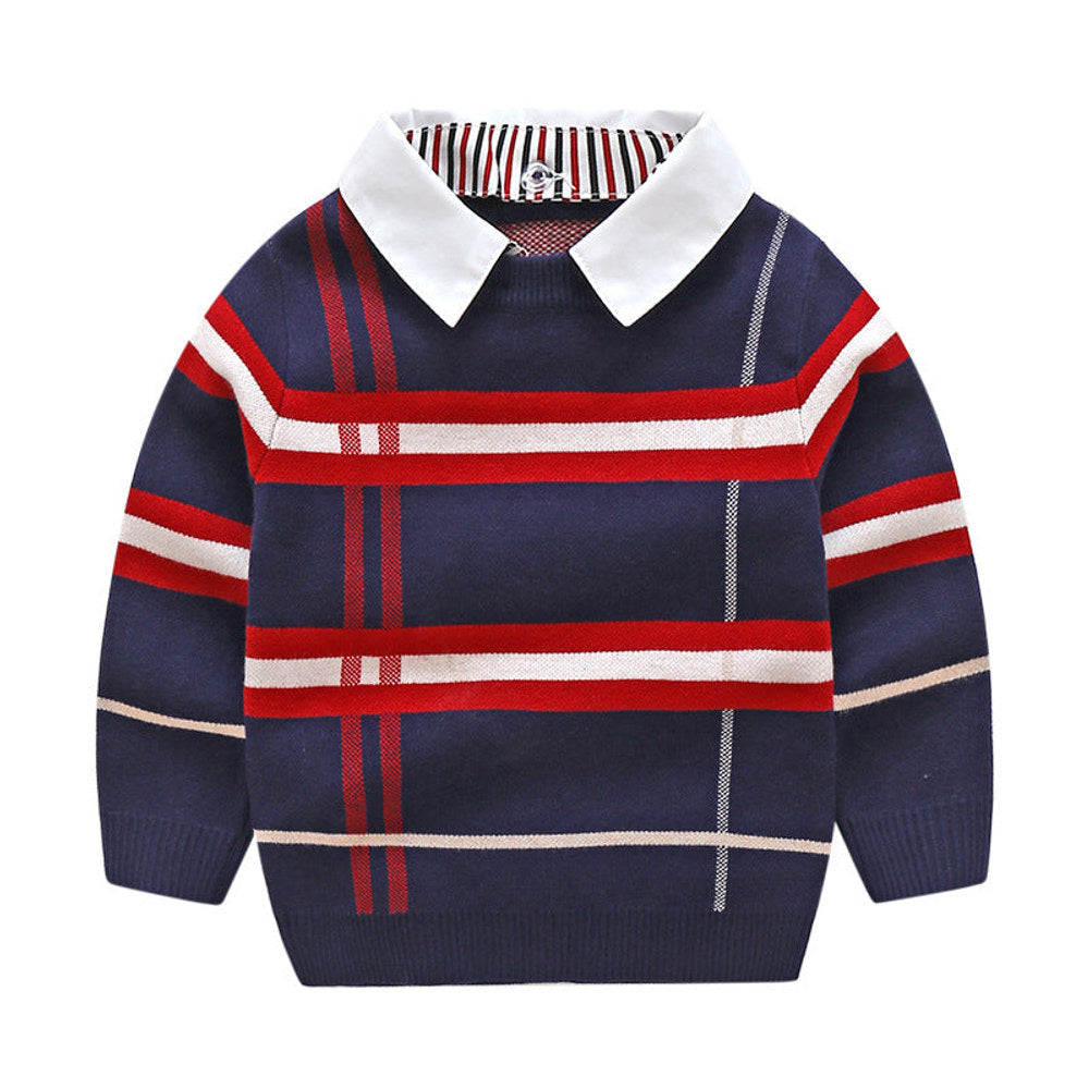 MyKids-USA® Baby Boy Striped Pattern False 1 Pieces Sweater With Detachable Shirt Neck