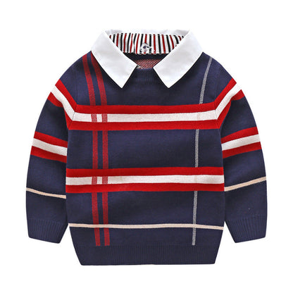 MyKids-USA® Baby Boy Striped Pattern False 1 Pieces Sweater With Detachable Shirt Neck