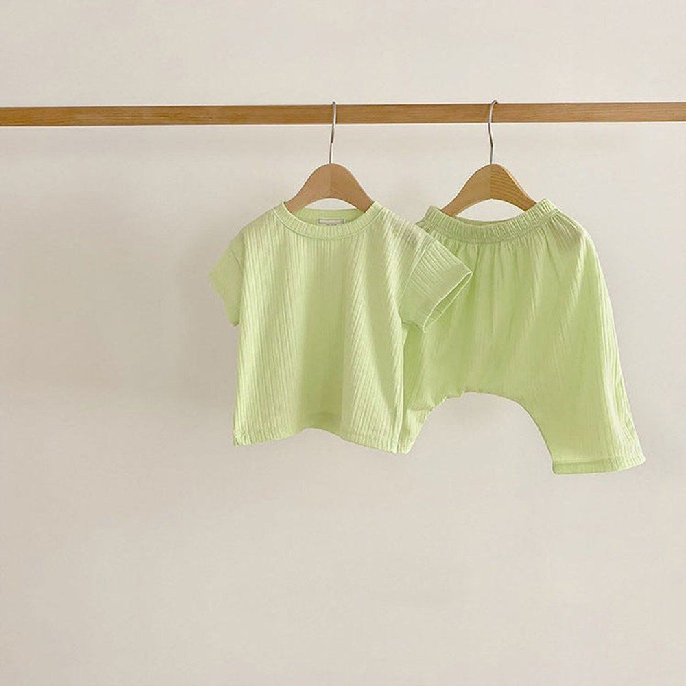 MyKids-USA® Baby Boys And Girls Solid Color Round Neck Short-Sleeved Top Combo Pants Sets Home Wear Pajamas In