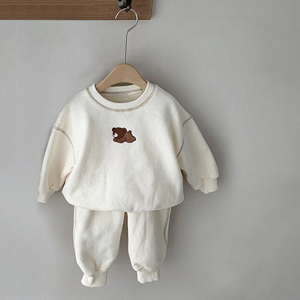 MyKids-USA® Baby Cartoon Bear Patched Graphic Hoodies Combo Solid Trousers Casual Sets