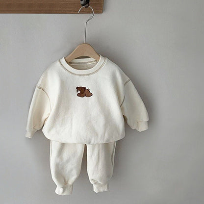 MyKids-USA® Baby Cartoon Bear Patched Graphic Hoodies Combo Solid Trousers Casual Sets