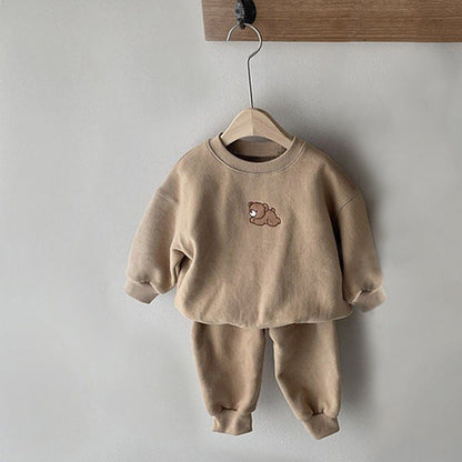 MyKids-USA® Baby Cartoon Bear Patched Graphic Hoodies Combo Solid Trousers Casual Sets