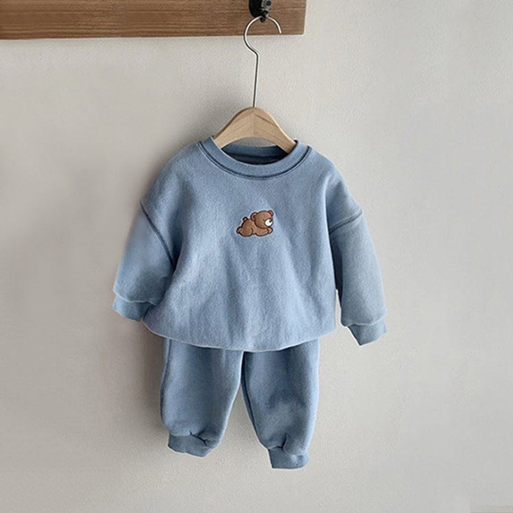 MyKids-USA® Baby Cartoon Bear Patched Graphic Hoodies Combo Solid Trousers Casual Sets