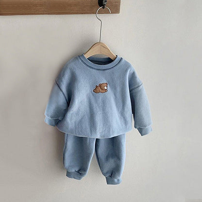MyKids-USA® Baby Cartoon Bear Patched Graphic Hoodies Combo Solid Trousers Casual Sets