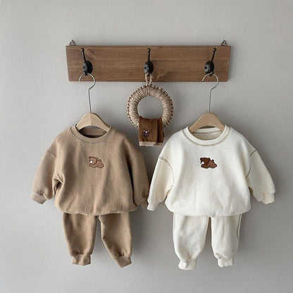 MyKids-USA® Baby Cartoon Bear Patched Graphic Hoodies Combo Solid Trousers Casual Sets