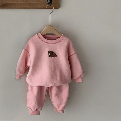 MyKids-USA® Baby Cartoon Bear Patched Graphic Hoodies Combo Solid Trousers Casual Sets