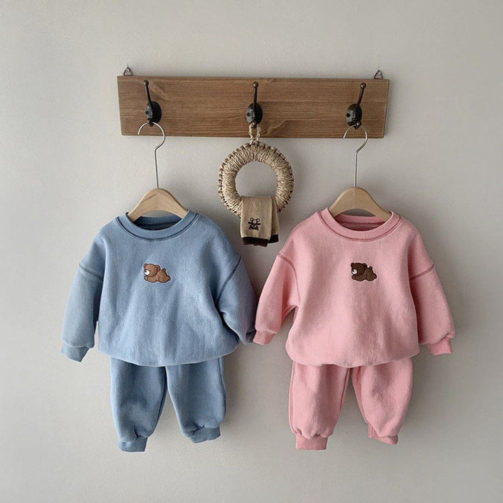 MyKids-USA® Baby Cartoon Bear Patched Graphic Hoodies Combo Solid Trousers Casual Sets
